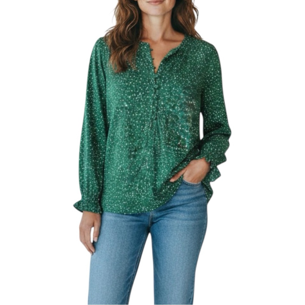 J. Jill Green Button Front Blouse Smocked Cuffs Long Sleeve Dot Print Women’s M